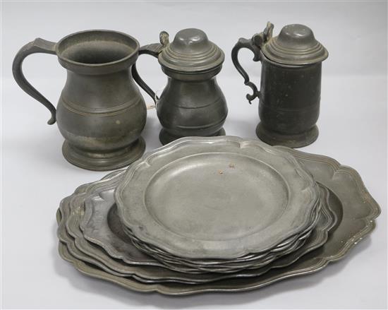 Set six 19th century French pewter petal rimmed dishes, four ditto oval meat dishes & three various tankards